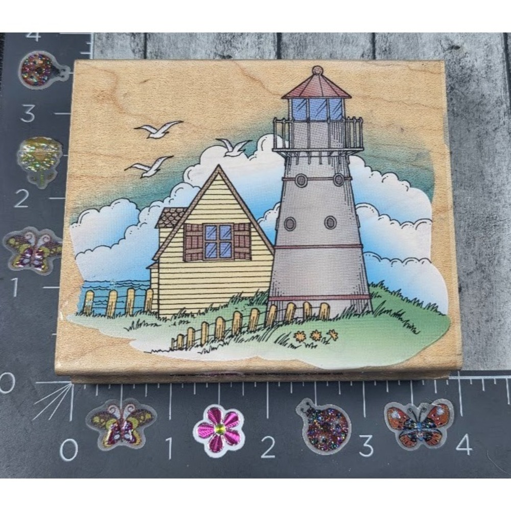 Hero Arts Lighthouse Scene H1055 Birds 1996 Rubber Stamp Wood #F50